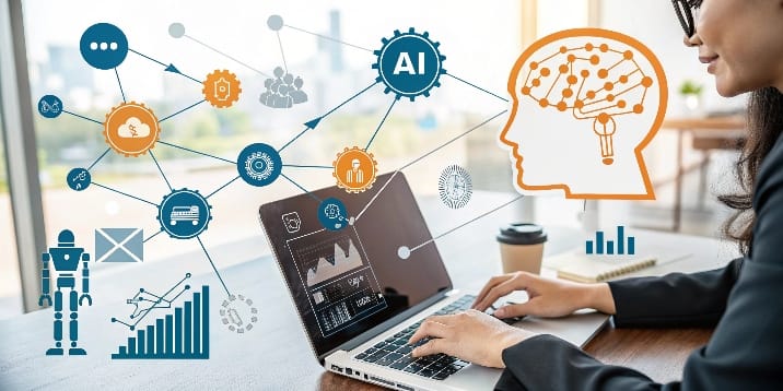 Iconos de Inteligencia Artificial conectándose con elementos de negocio