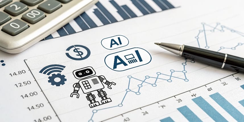 Iconos de Inteligencia Artificial (IA) y un gráfico financiero, simbolizando el uso de IA para el análisis de finanzas de un negocio