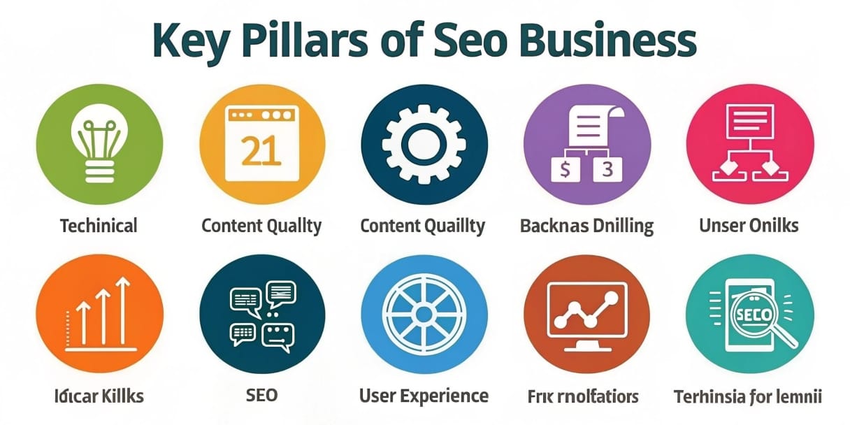 pilares-seo-negocio Iconos representando los pilares clave del SEO para negocios