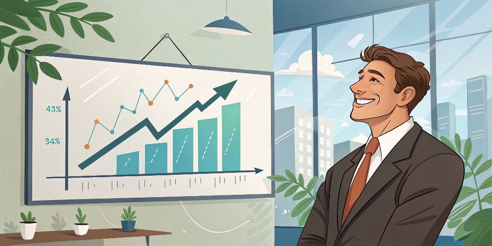 Un dueño de negocio sonriendo frente a un gráfico de rentabilidad que va en aumento, simbolizando el éxito financiero
