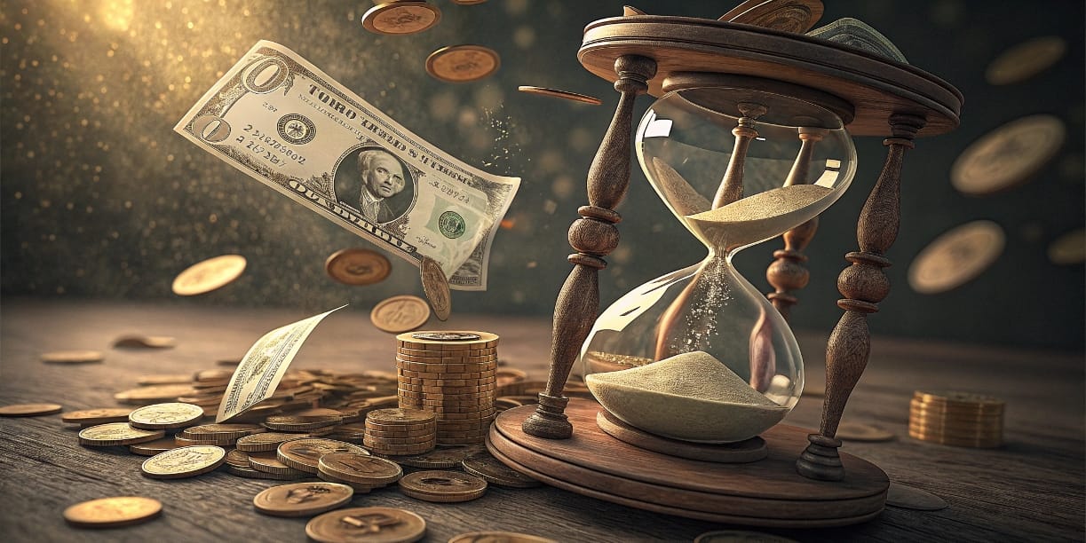 un-reloj-de-arena-con-dinero-o-tiempo-fluyendo-hac Un reloj de arena con dinero o tiempo fluyendo hacia abajo rápidamente, simbolizando la pérdida por procesos ineficientes en un negocio