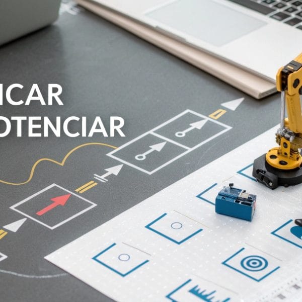 Gráfico visual que muestra un flujo de proceso simplificado, engranajes funcionando fluidamente y elementos tecnológicos simbolizando la eficiencia para un negocio