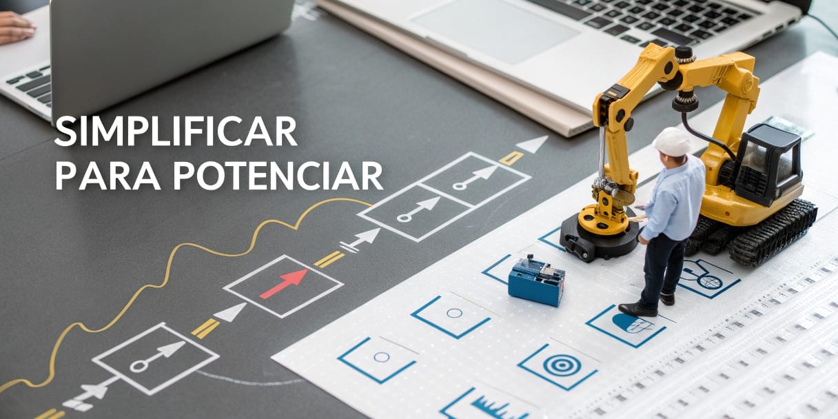 Gráfico visual que muestra un flujo de proceso simplificado, engranajes funcionando fluidamente y elementos tecnológicos simbolizando la eficiencia para un negocio