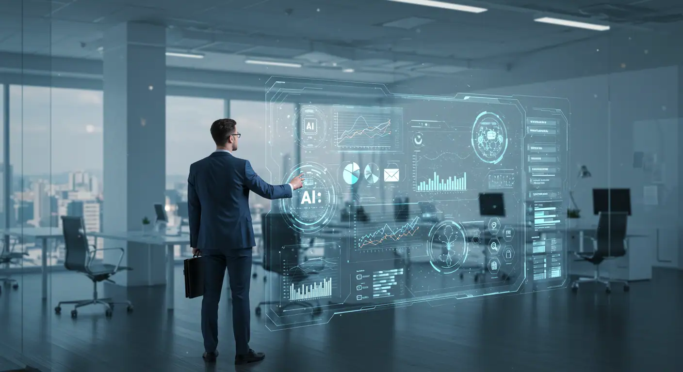 A business owner using an AI interface on their computer to orchestrate a successful multi-channel marketing campaign