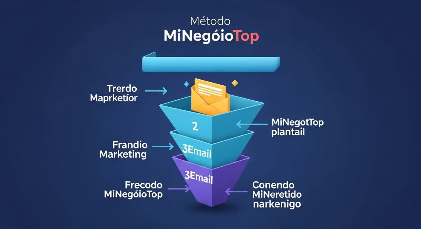 Un diagrama de embudo con 3 fases: Permiso (suscripción), Valor (contenido) y Venta (compra), el método de MiNegocioTop para email marketing