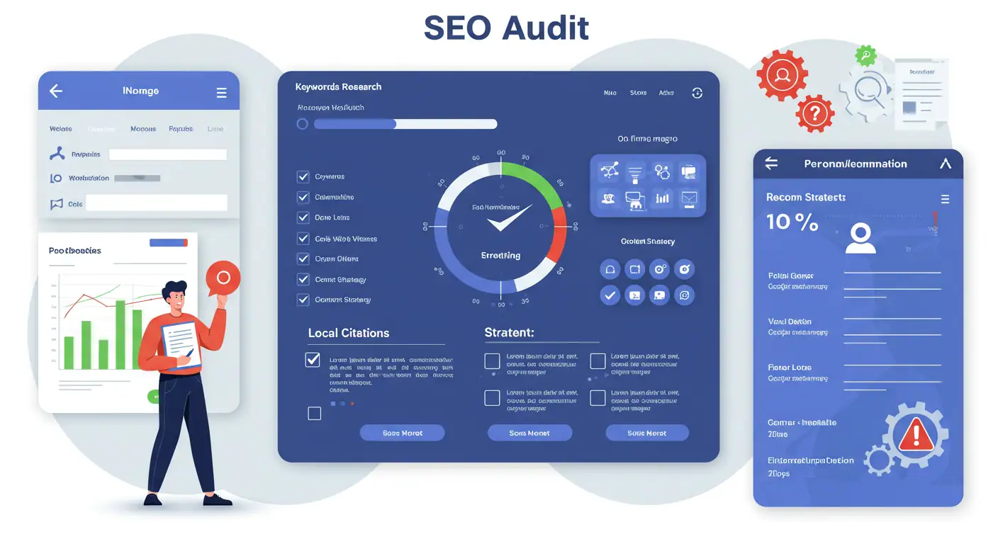 Checklist interactivo de auditoría SEO avanzada con elementos técnicos, locales y de contenido para evaluación completa