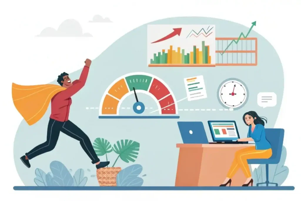 Empresario mexicano analizando métricas Core Web Vitals en tableta con dashboard de conversión, gráficos de velocidad web y notificaciones de mejora de ROI"