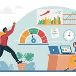 Empresario mexicano analizando métricas Core Web Vitals en tableta con dashboard de conversión, gráficos de velocidad web y notificaciones de mejora de ROI"
