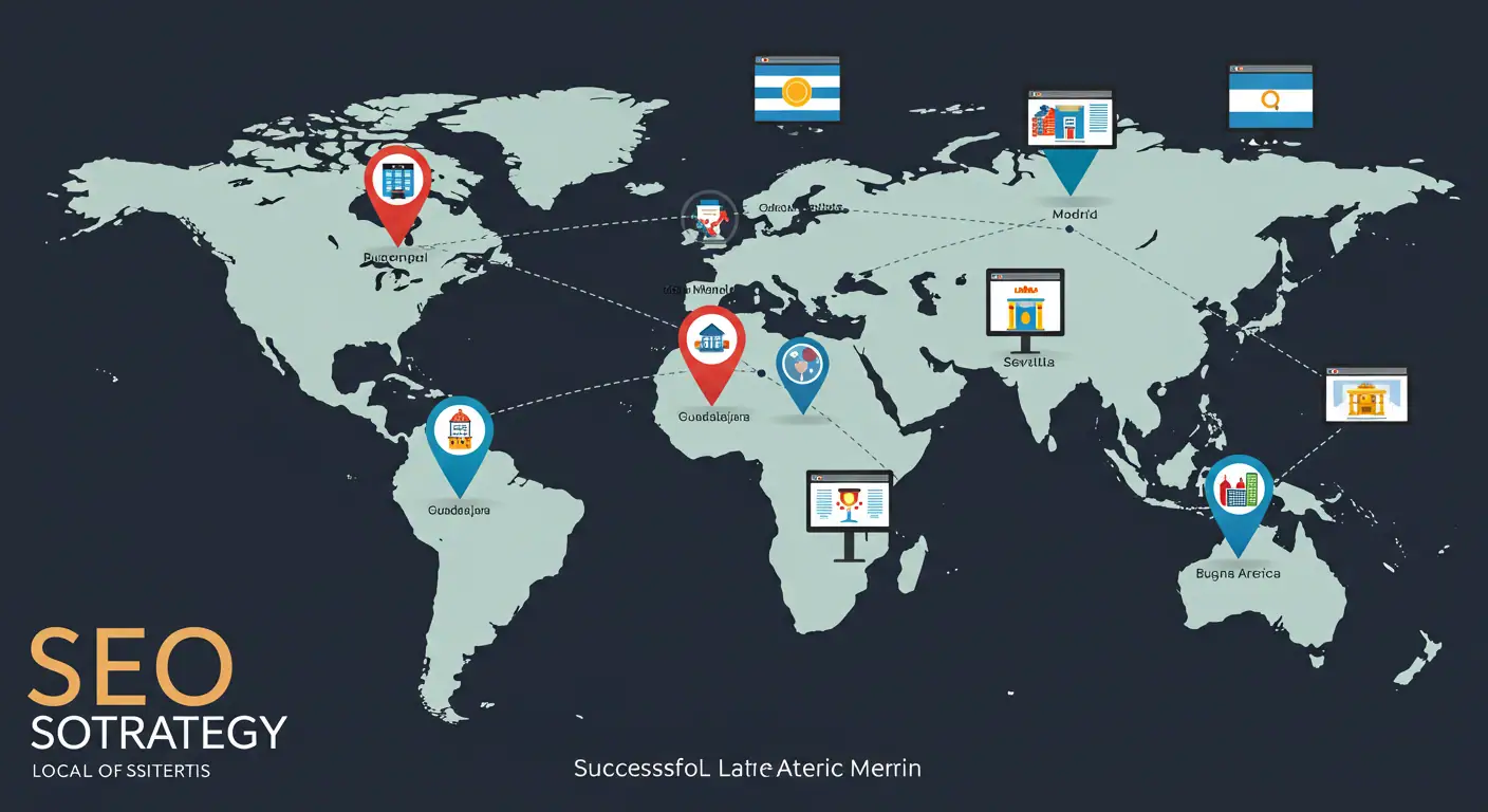 Mapa interactivo mostrando ejemplos de SEO local en México, España, USA y Latinoamérica con estrategias específicas por región