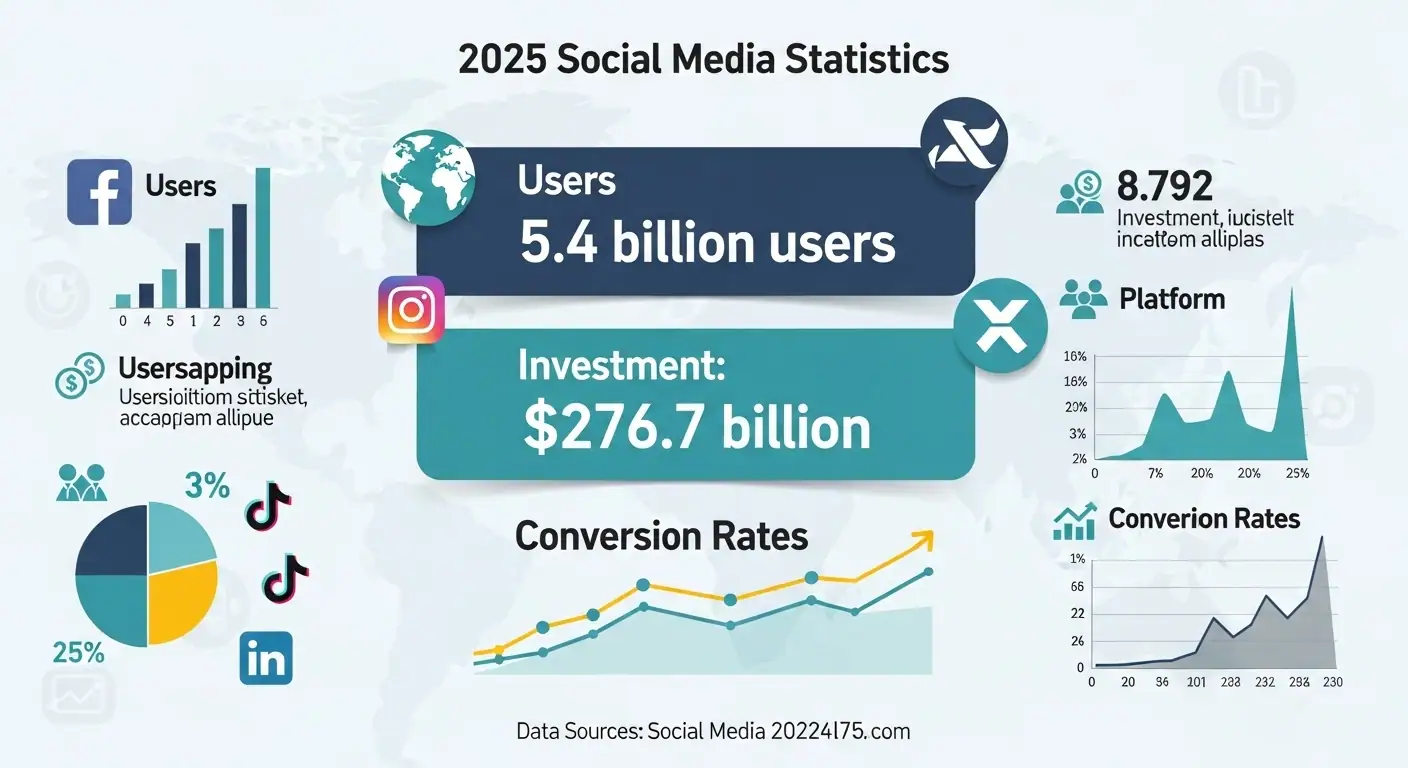 Infografía con estadísticas clave de redes sociales para negocios en 2025 mostrando oportunidades de mercado