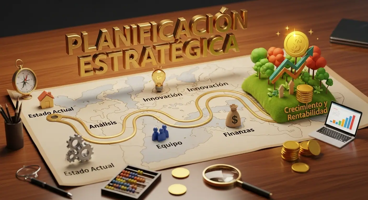 Un empresario dibujando una ruta estratégica en un mapa, conectando el punto de partida de su negocio con una meta de crecimiento y éxito