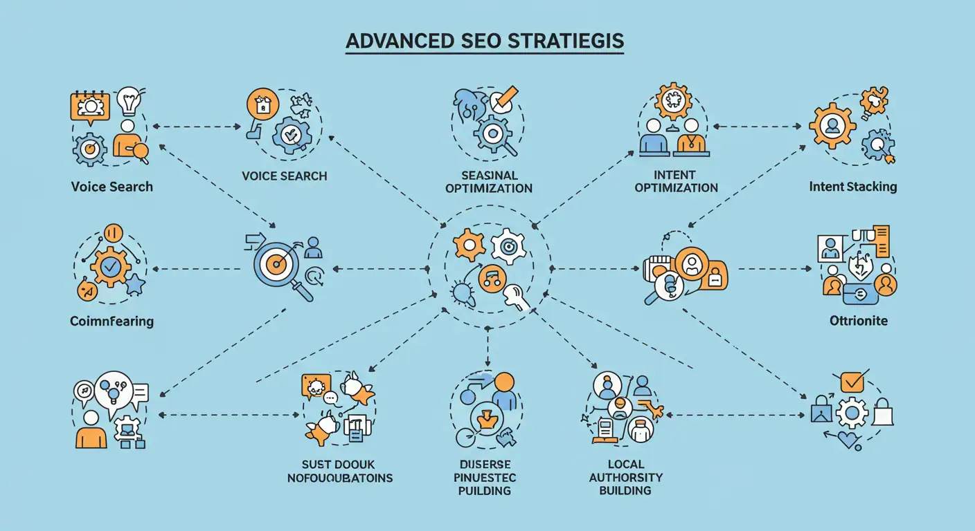 Infografía con estrategias avanzadas de SEO como intent stacking, búsqueda por voz y optimización estacional