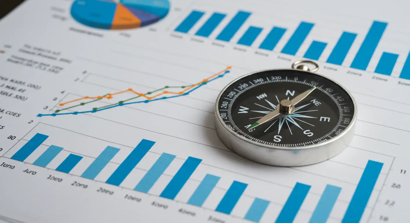 Una brújula apuntando hacia un gráfico de crecimiento financiero, simbolizando la dirección y el cálculo de rentabilidad para un negocio
