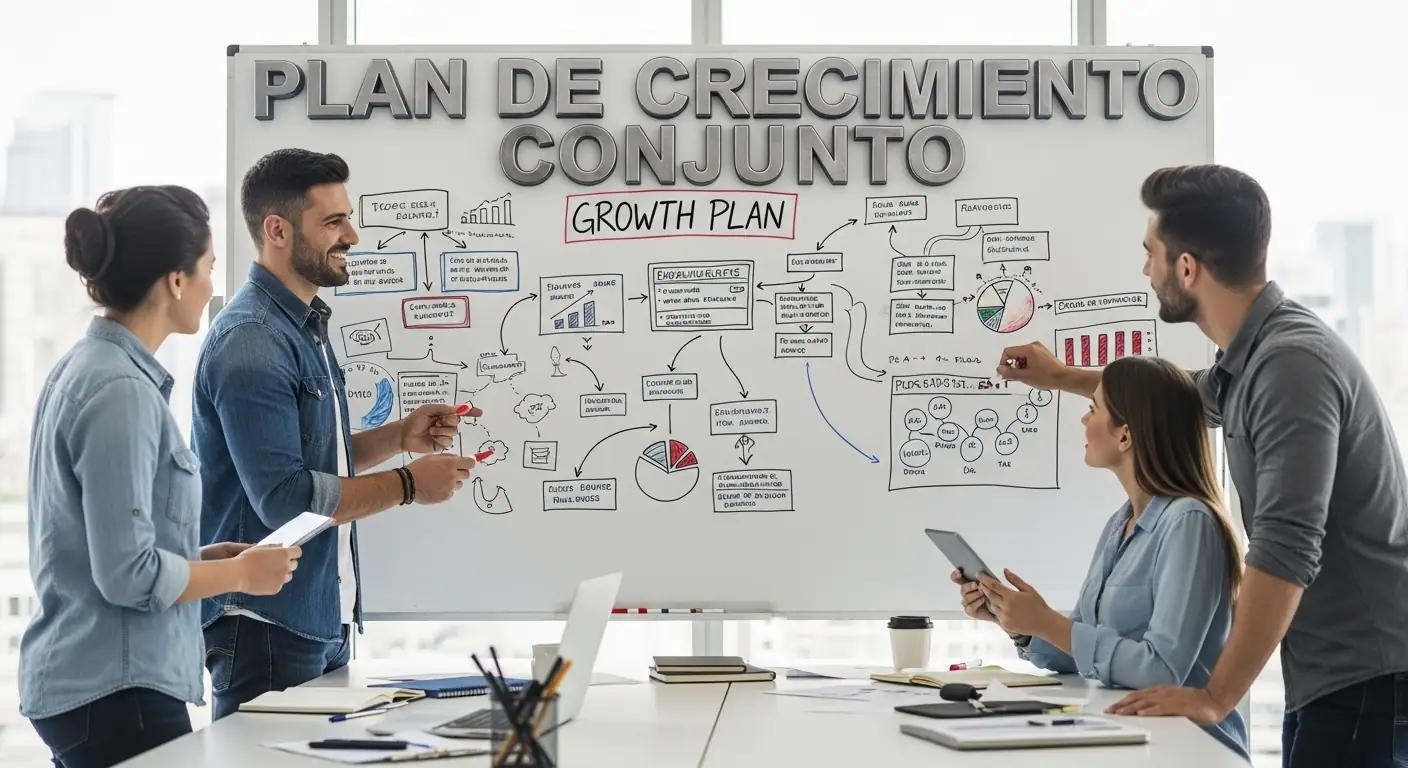 Un líder de equipo colaborando con sus colaboradores en una pizarra, dibujando un plan de crecimiento conjunto