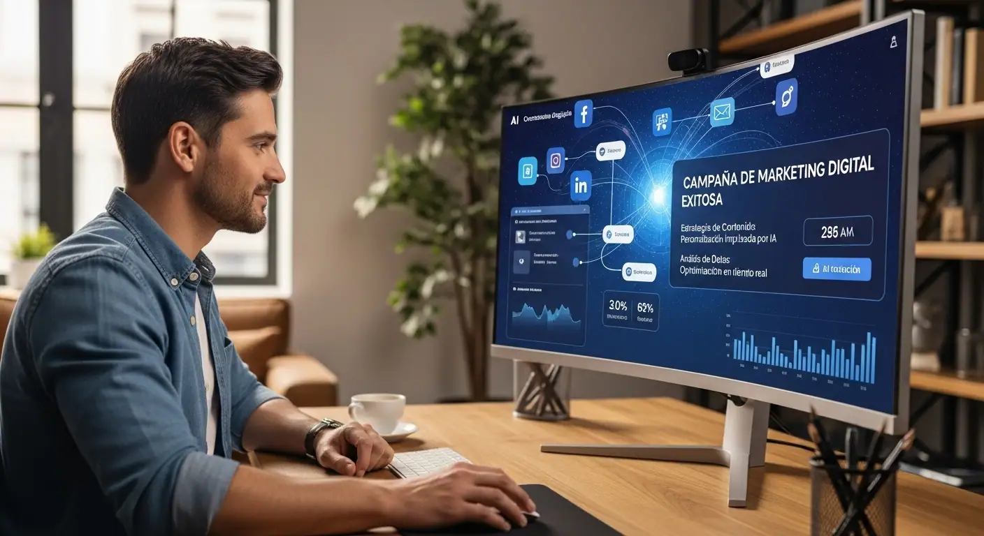 Un empresario utilizando una interfaz de IA en su computadora para orquestar una campaña de marketing digital multicanal con éxito