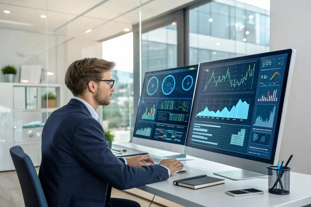 Empresario usando IA para optimizar procesos de negocio con gráficos de automatización en pantalla