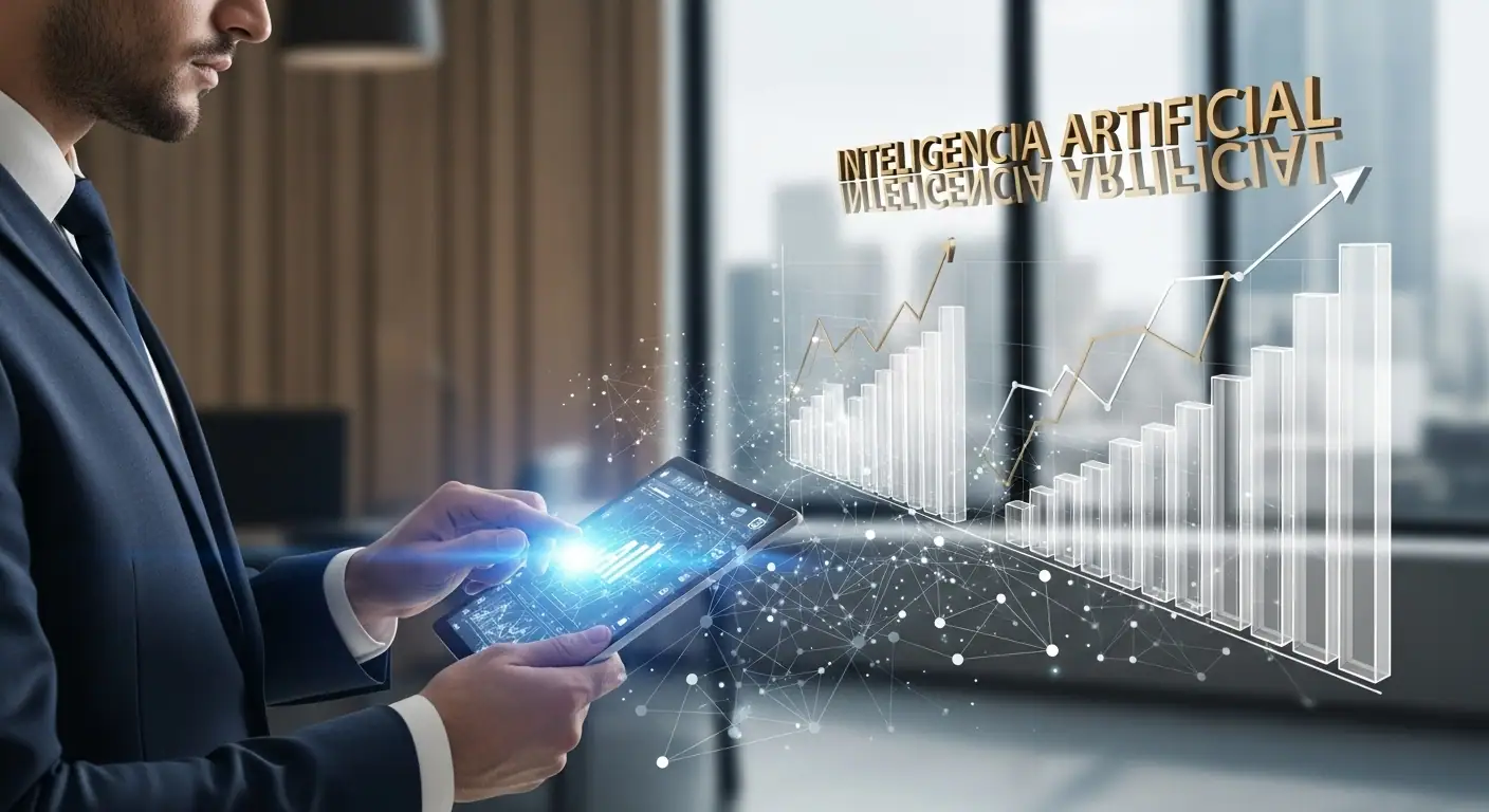 Un empresario interactuando con una interfaz de Inteligencia Artificial en una tablet, con gráficos de eficiencia y productividad de fondo