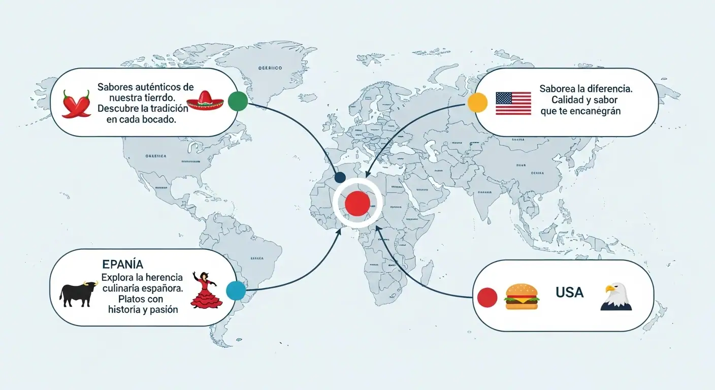 Un mapa del mundo con puntos en México, España y USA, mostrando cómo el mismo mensaje de marketing de contenidos se adapta a cada cultura