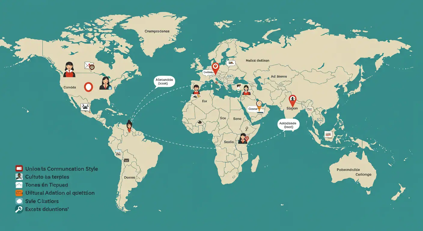 Un mapa del mundo con puntos en México, España y USA, mostrando cómo un email se adapta culturalmente a cada región