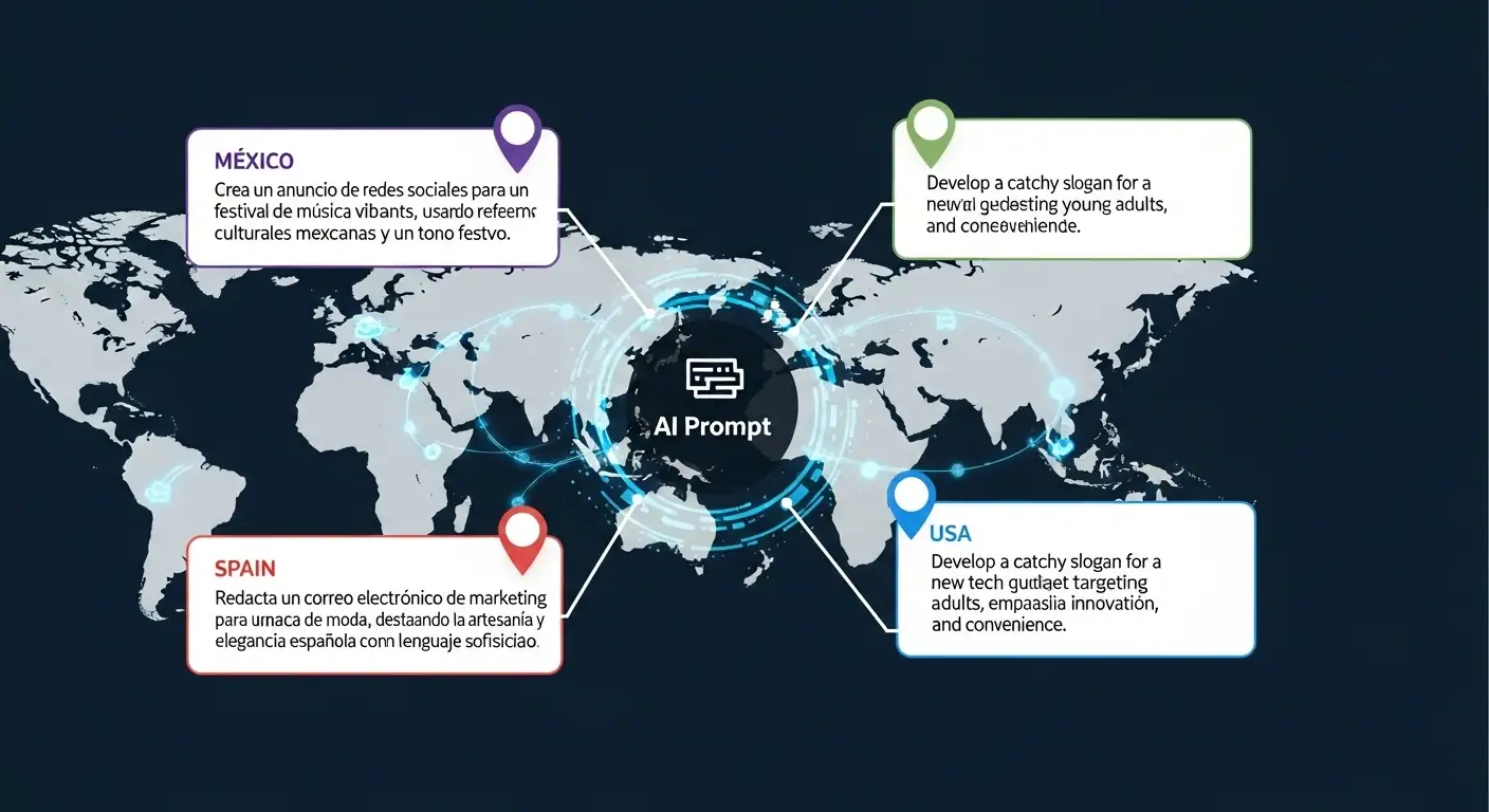 Un mapa del mundo con puntos en México, España y USA, mostrando cómo los prompts de IA se adaptan a cada cultura para un marketing efectivo