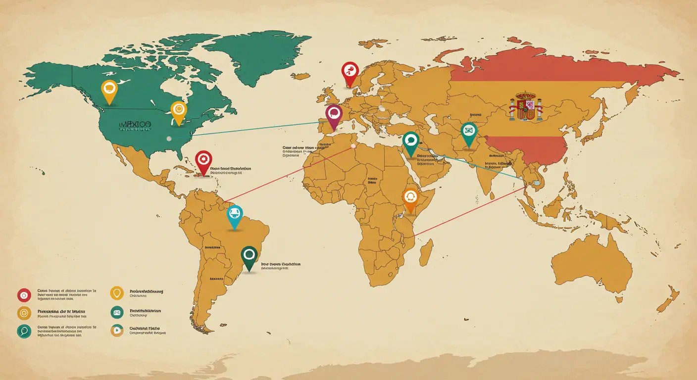Un mapa del mundo con puntos en México, España y USA, mostrando cómo la optimización de procesos se adapta a cada cultura de negocio