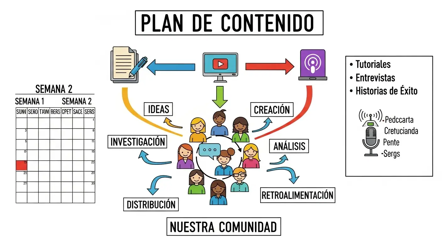Un imán con la etiqueta 'Contenido Útil' atrayendo a un grupo de clientes felices hacia un negocio