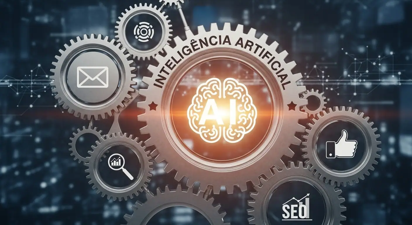 Varios engranajes con iconos de marketing (email, redes, SEO) siendo impulsados por un engranaje central con un cerebro de IA