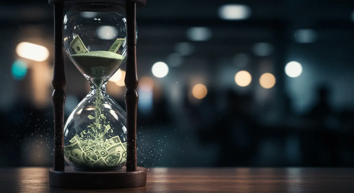 Un reloj de arena con dinero o tiempo fluyendo hacia abajo rápidamente, simbolizando la pérdida por procesos ineficientes en un negocio