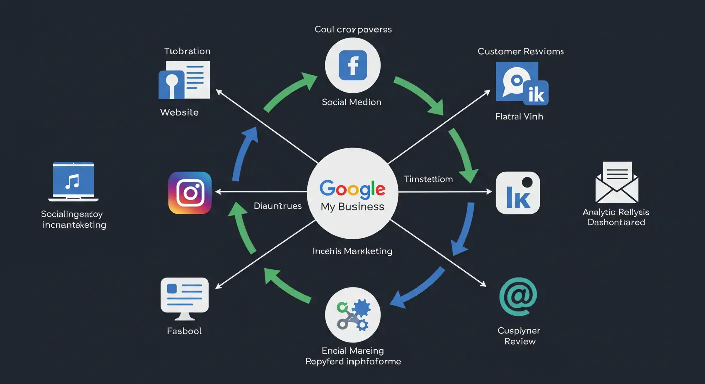 Diagrama mostrando la integración de Google Mi Negocio con sitio web, redes sociales y otras plataformas digitales