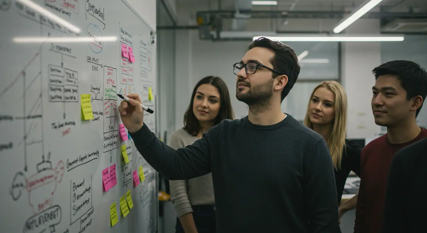Líder efectivo dirigiendo equipo en pyme con estrategias de crecimiento y productividad
