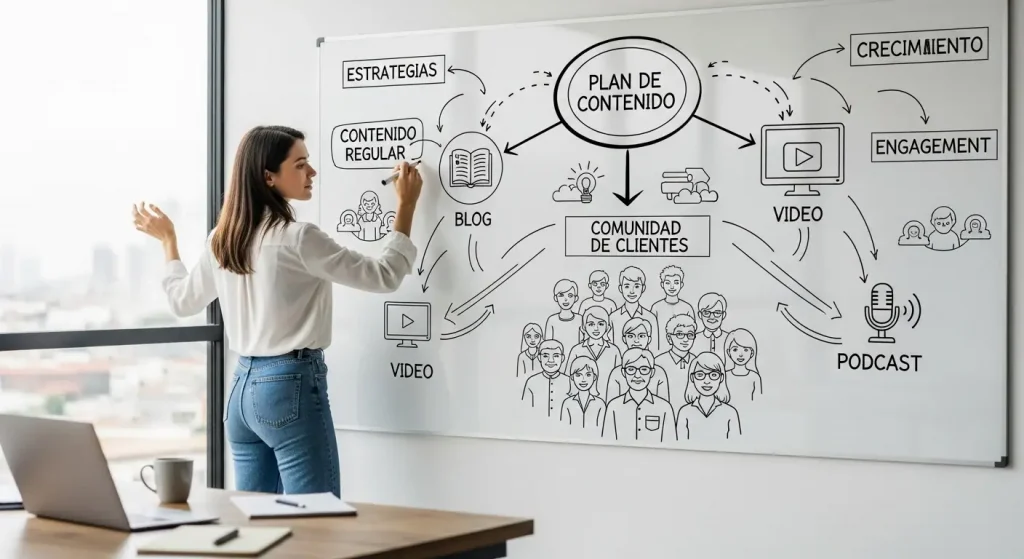 Un empresario creando un plan de contenidos en una pizarra, con iconos de blog, video y podcast que conectan con una comunidad de clientes
