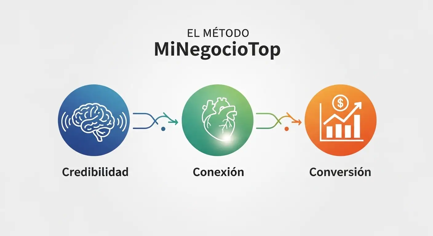 Un diagrama de 3 pasos: Credibilidad (cerebro), Conexión (corazón) y Conversión (gráfico de ventas), el método de MiNegocioTop para contenidos