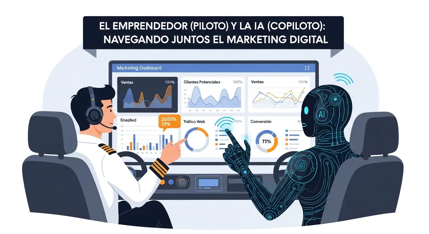 Un diagrama mostrando a un empresario (el piloto) y un icono de IA (el copiloto), trabajando juntos en un panel de control de marketing