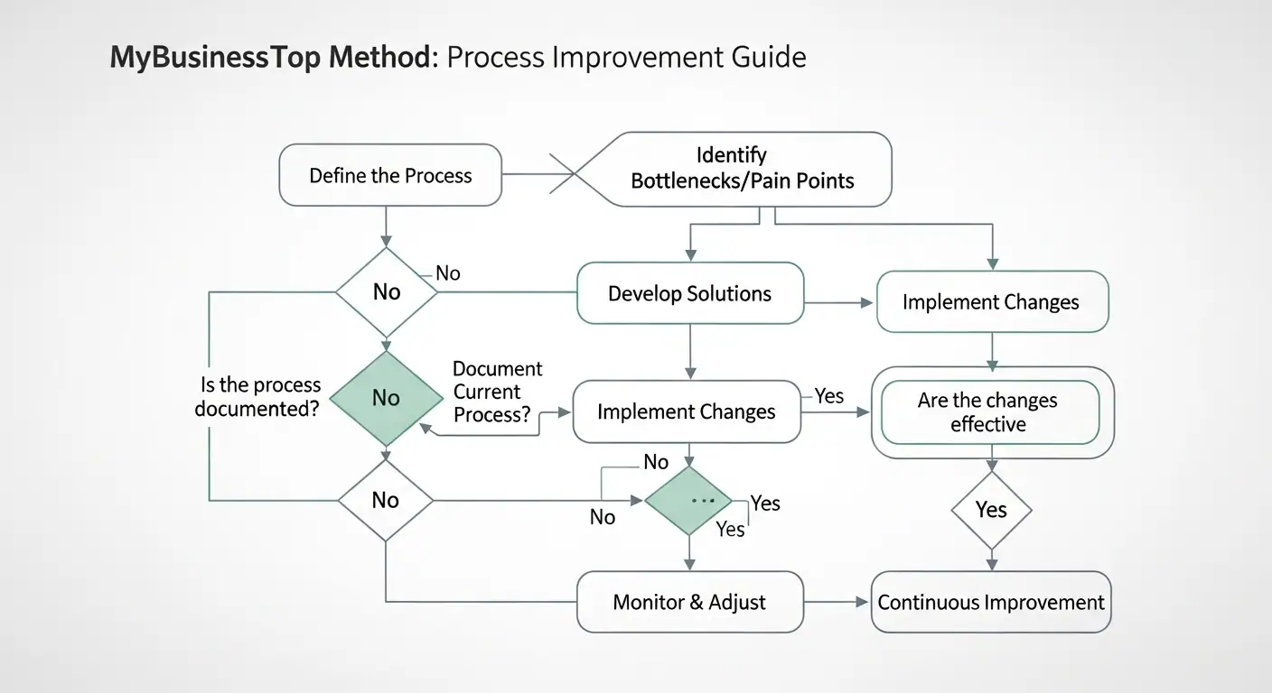 Un diagrama de flujo simplificado que guía al usuario a través de los pasos del método MiNegocioTop para la mejora de procesos en un negocio