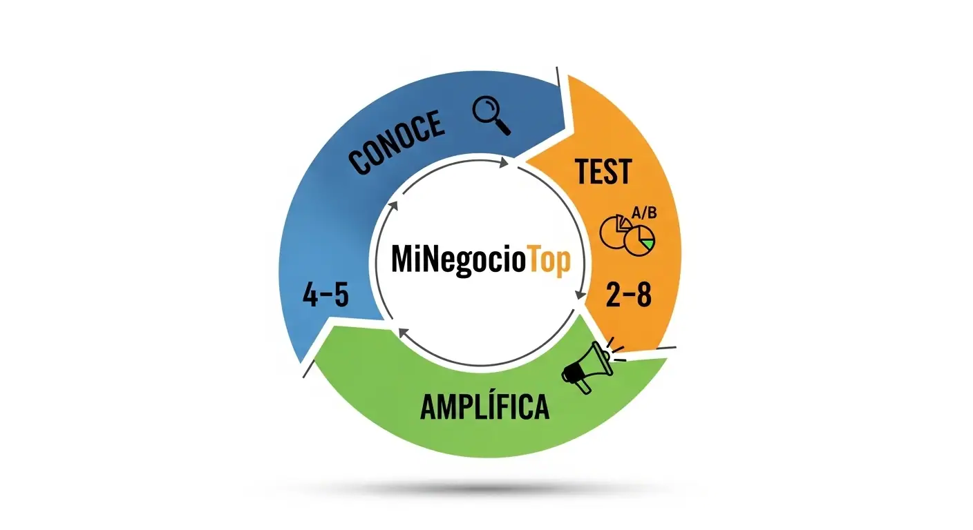 Un diagrama circular con los 3 pasos del método MiNegocioTop para publicidad: Conocer, Probar y Amplificar