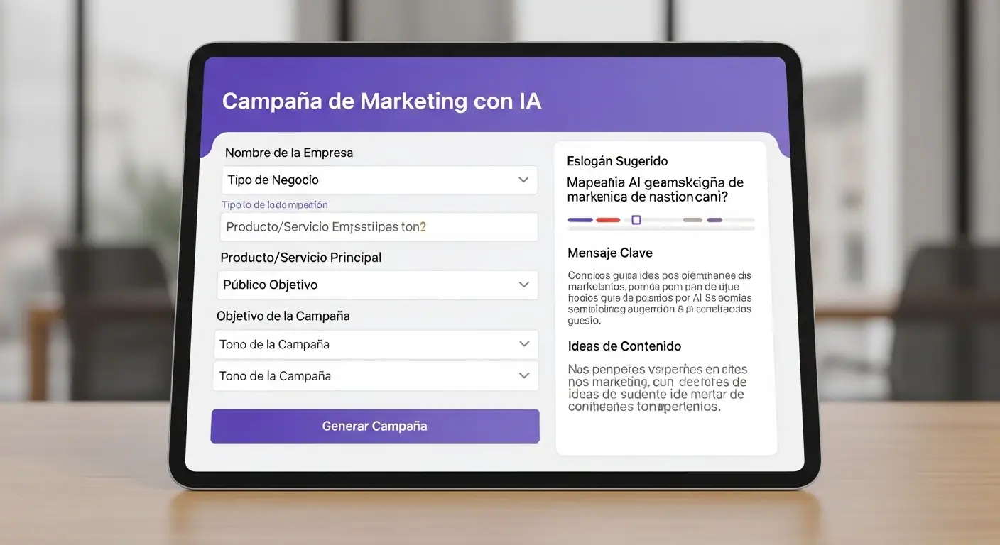 Un módulo interactivo con campos para que un dueño de negocio genere una idea completa de campaña de marketing con IA