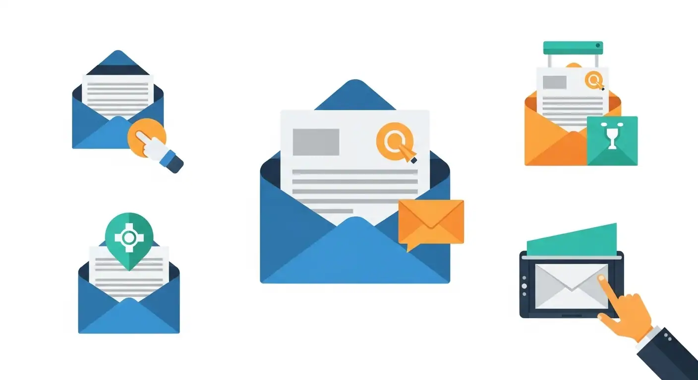 Conjunto de iconos representando Lead Magnets, Secuencias, Newsletters, Campañas de Venta y Automatización en email marketing