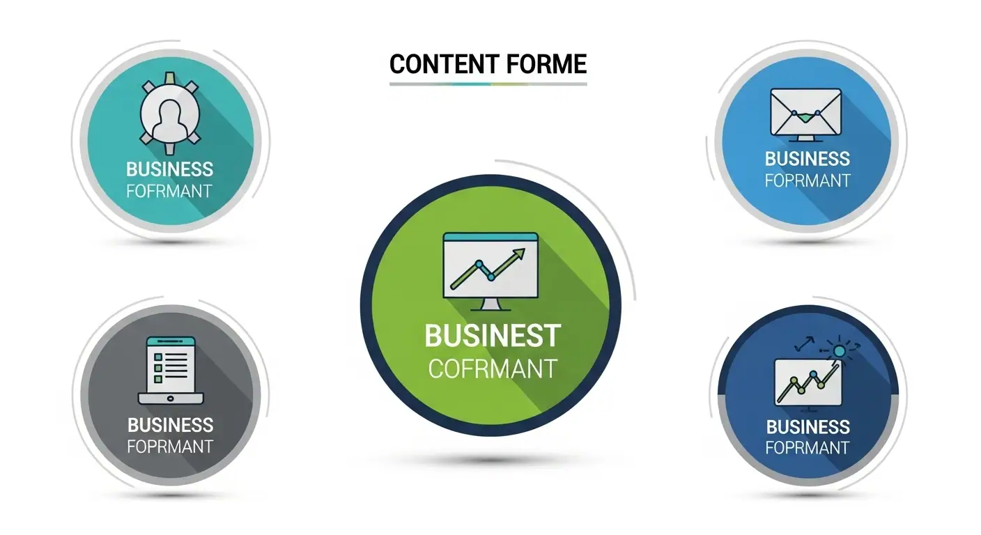 Conjunto de iconos representando Blogs, Videos, Podcasts, Infografías y Email Marketing como formatos de contenido