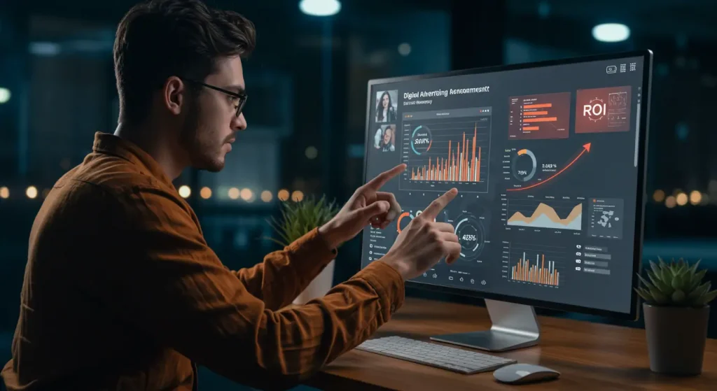 Un empresario manejando un panel de control de publicidad digital, convirtiendo una pequeña inversión en un gran retorno de la inversión (ROI)