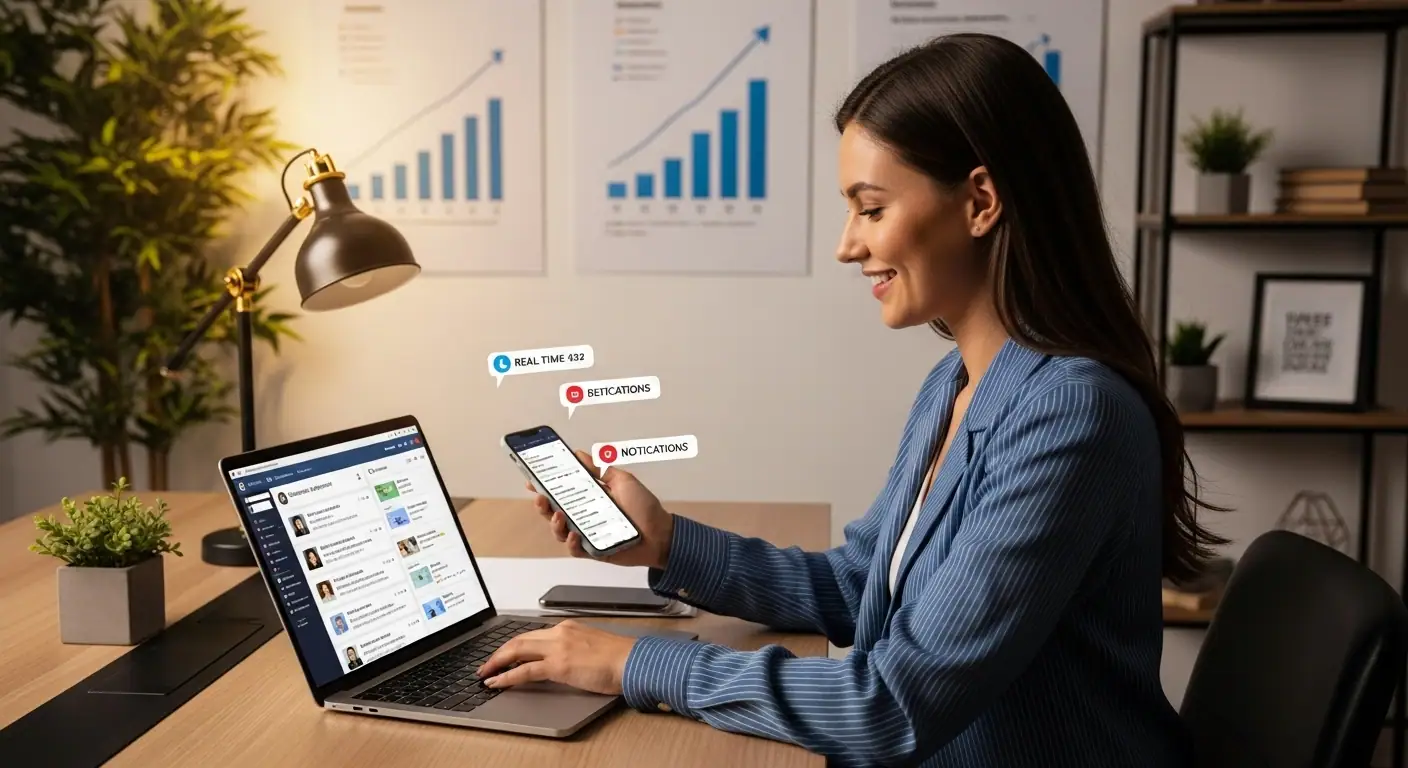 Empresario gestionando estrategia de redes sociales para su negocio con métricas de conversión y engagement visibles
