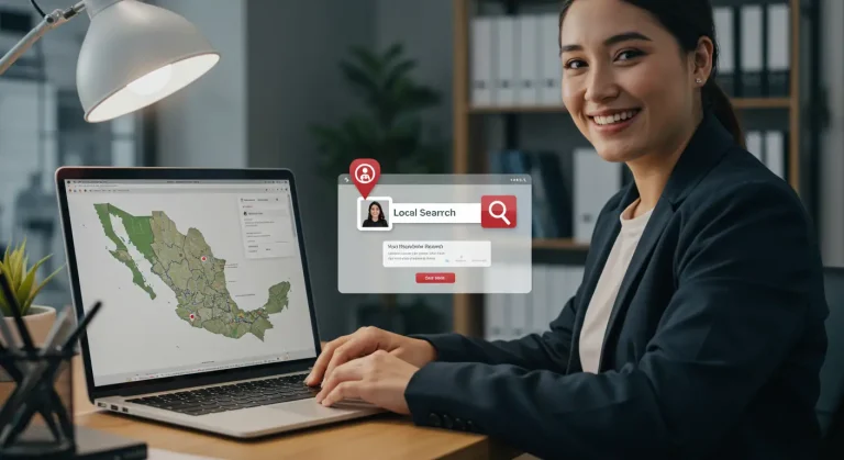 Un mapa de México con pines de ubicación en ciudades clave como CDMX, Monterrey y Guadalajara, conectado a un resultado de búsqueda local en un móvil