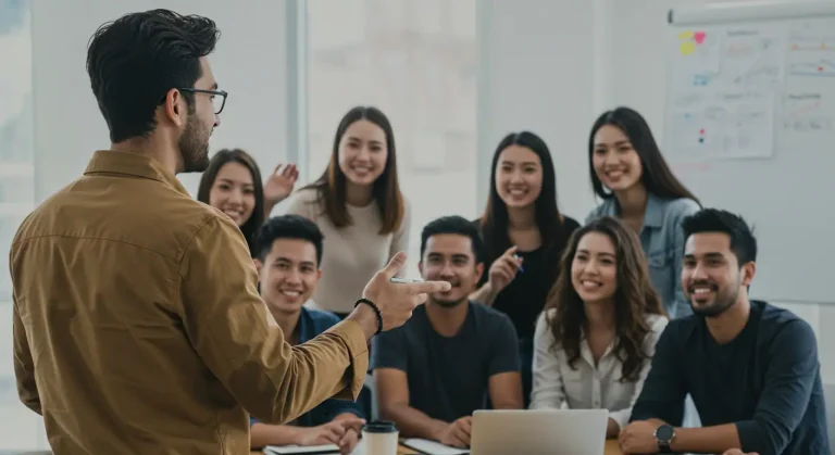 Un emprendedor presentando su idea de negocio a un grupo de clientes potenciales que le dan feedback positivo y accionable