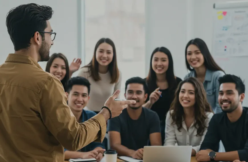 Un emprendedor presentando su idea de negocio a un grupo de clientes potenciales que le dan feedback positivo y accionable