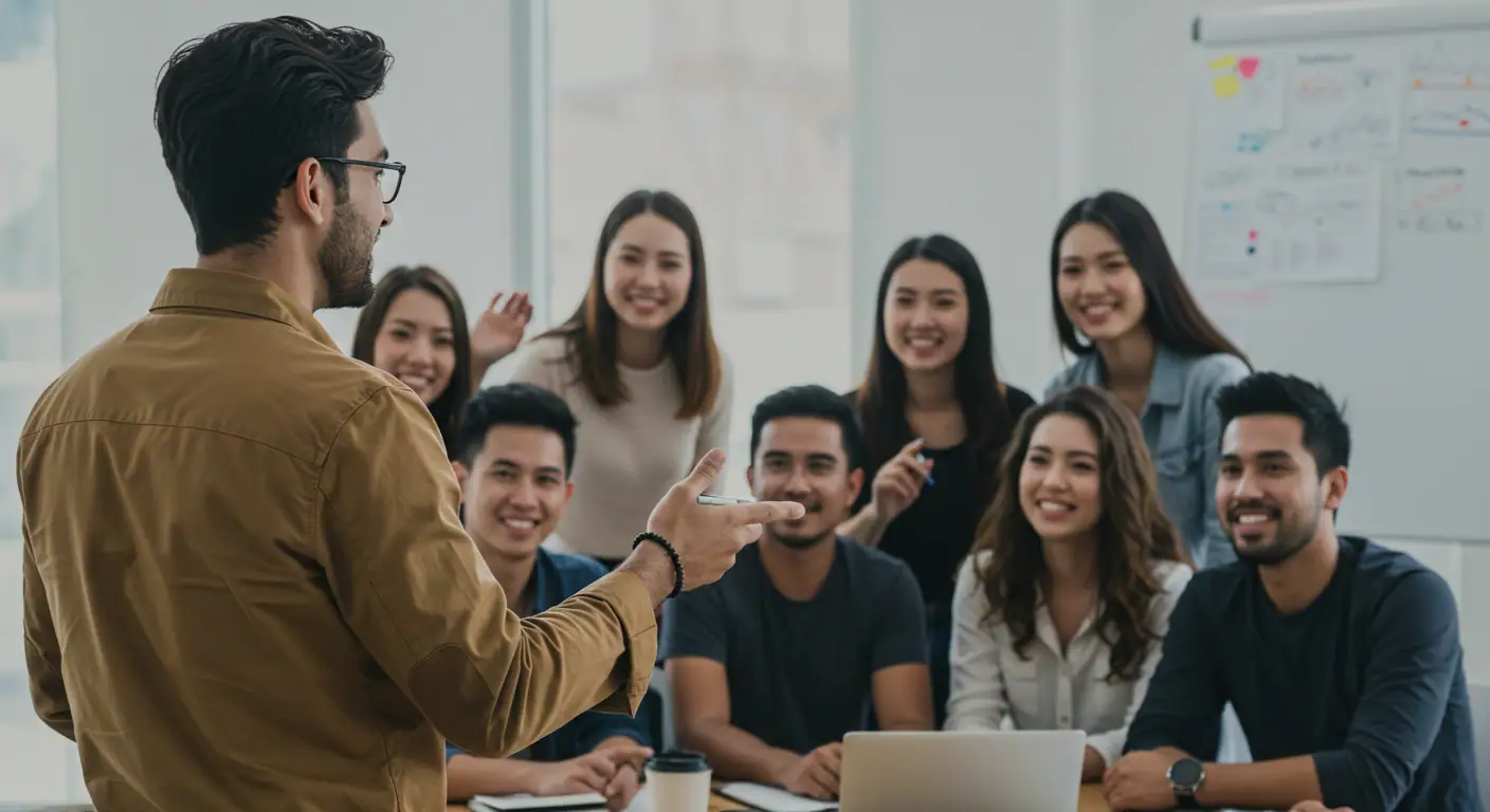Un emprendedor presentando su idea de negocio a un grupo de clientes potenciales que le dan feedback positivo y accionable