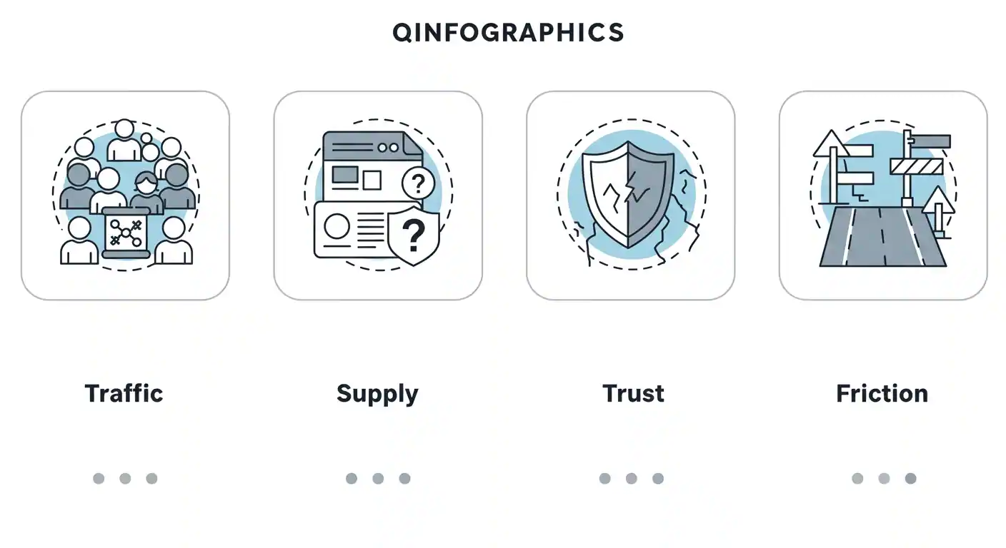 Four icons representing Traffic, Offer, Trust and Friction problems in American businesses