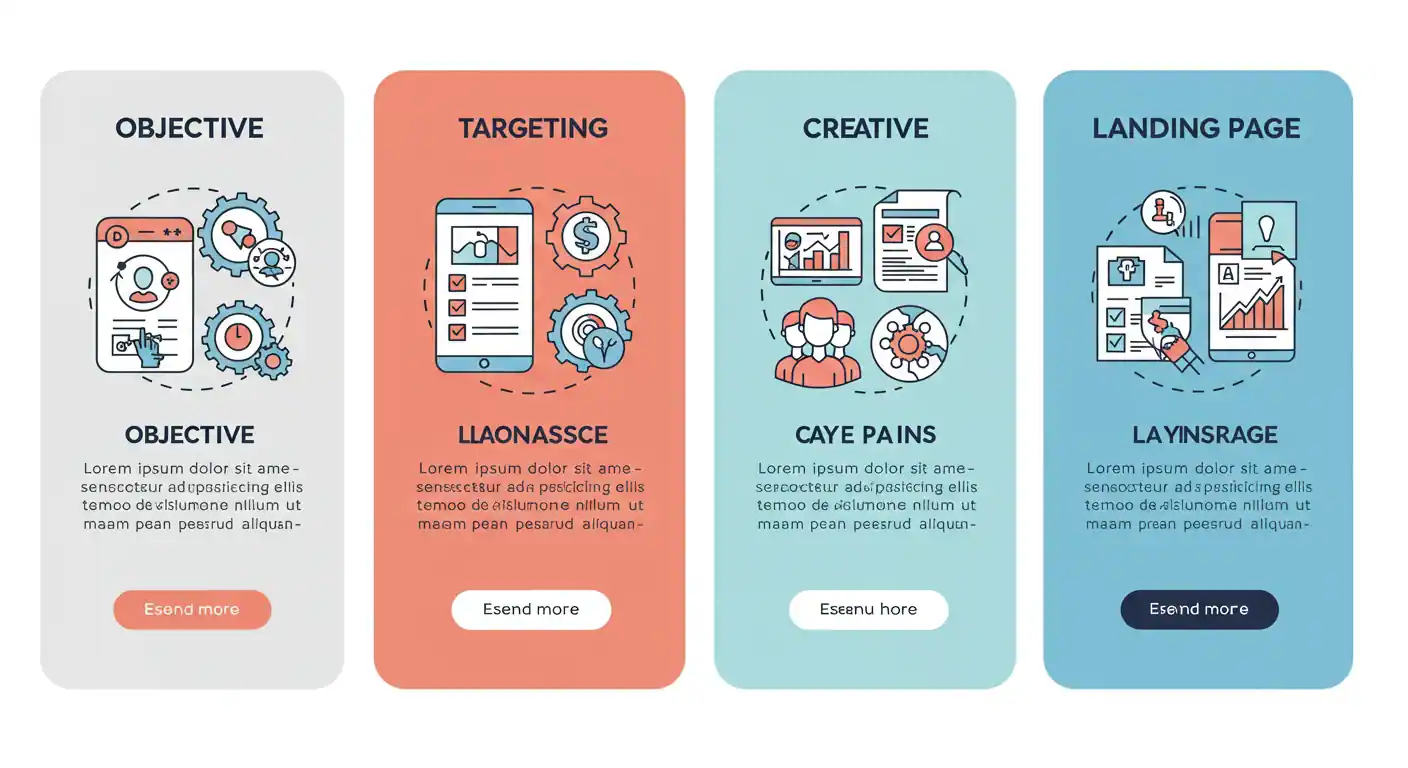 Infographic breaking down components of successful ad campaign: Objective, Targeting, Creative, and Landing Page