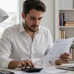 Autónomo español revisando documentos de IVA y cuotas de la Seguridad Social en su oficina con calculadora y papeles de Hacienda