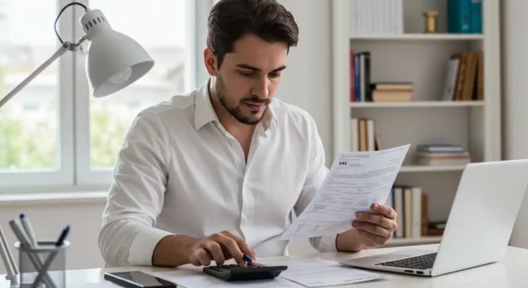 Autónomo español revisando documentos de IVA y cuotas de la Seguridad Social en su oficina con calculadora y papeles de Hacienda