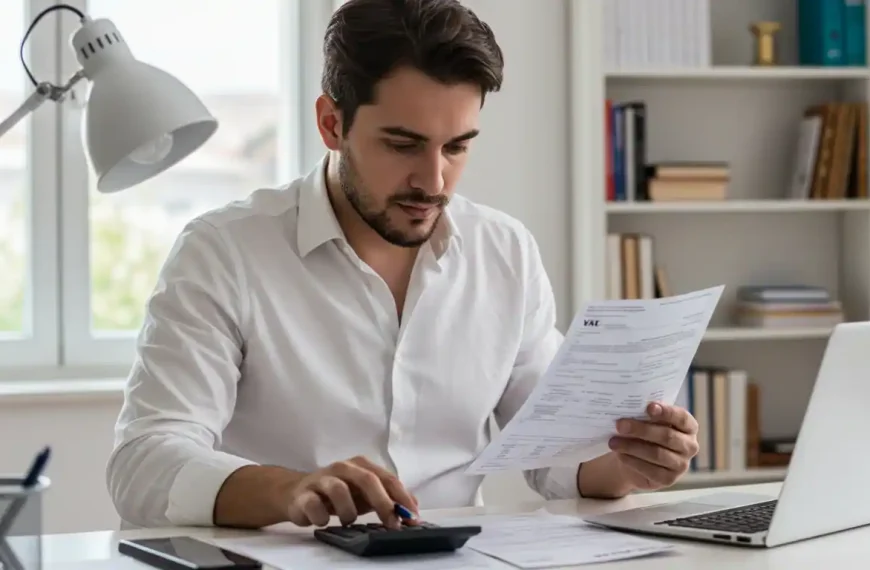 Autónomo español revisando documentos de IVA y cuotas de la Seguridad Social en su oficina con calculadora y papeles de Hacienda
