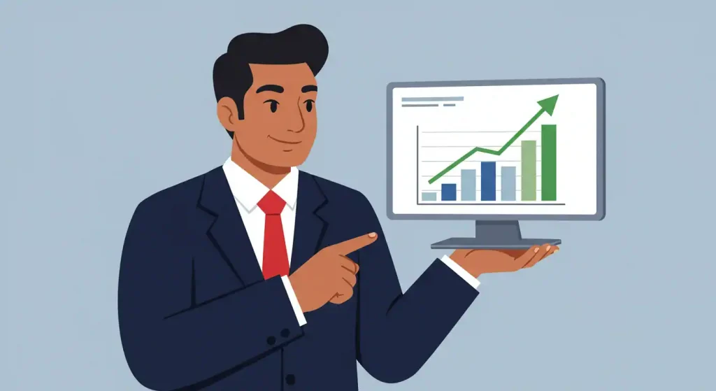 Una brÃºjula apuntando hacia un grÃ¡fico de crecimiento financiero, simbolizando el cÃ¡lculo de rentabilidad para un negocio